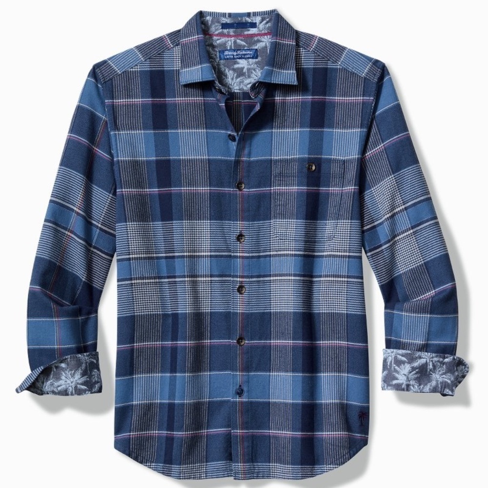 Tommy Bahama Men's Canyon Beach Pebble Cay Plaid Stretch Flannel Shirt EUC